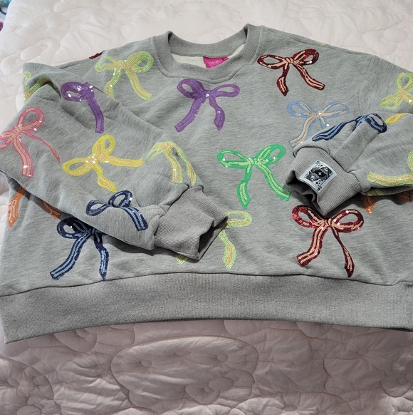 QUEEN OF SPARKLES Tops - SOLD Queen Of Sparkles Gray Sweatshirt with Colorful Bow Accents